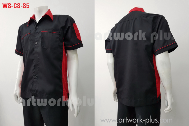 เสื้อช็อปพร้อมส่ง, เสื้อพนักงานแขนสั้น ,เสื้อช่างสำเร็จรูป, เสื้อสีดำแต่งข้างแดง, WS-CS-S5